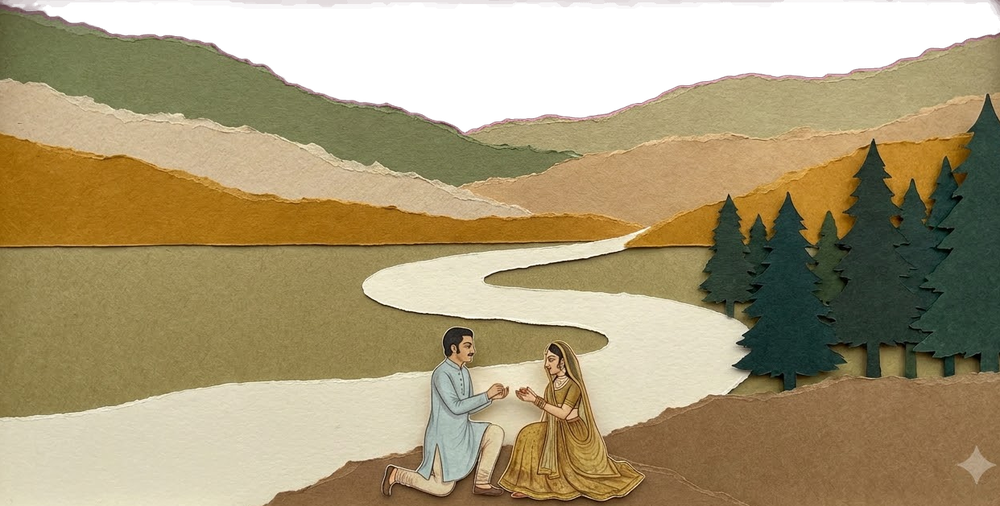 An illustration of the couple in the hills